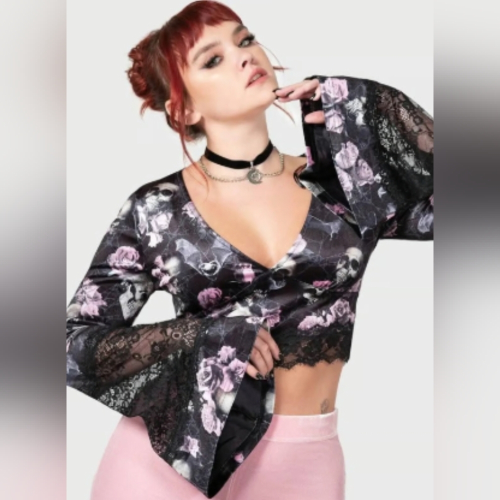 Killstar "Naomi" Floral Skull Crop Top With Lace Detail
